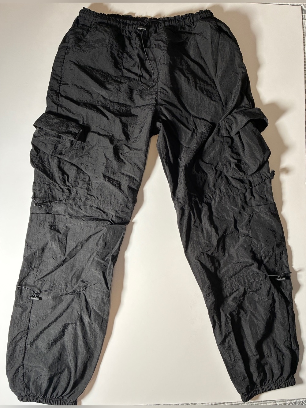 Swishy Black Adjustable Waist Drawstring Parachute Cargo Pants